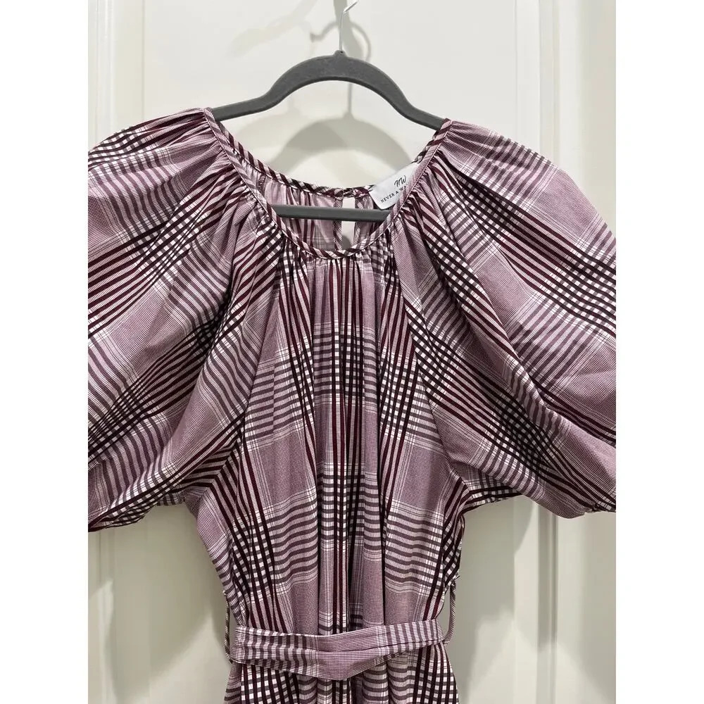 Never A Wallflower Puff Sleeve Burgundy Plaid Midi Dress Sz S - Picture 3 of 11